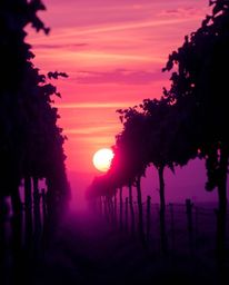 Experience a dreamy vineyard sunset rendered in stunning deep ultraviolet hues. This unique depiction features high contrast 