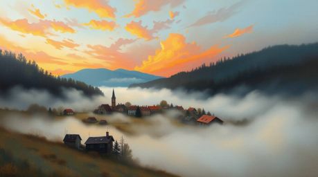 A captivating scene depicts a cozy village nestled in a valley beneath a vibrant, colorful sky, rendered in a classic oil pai