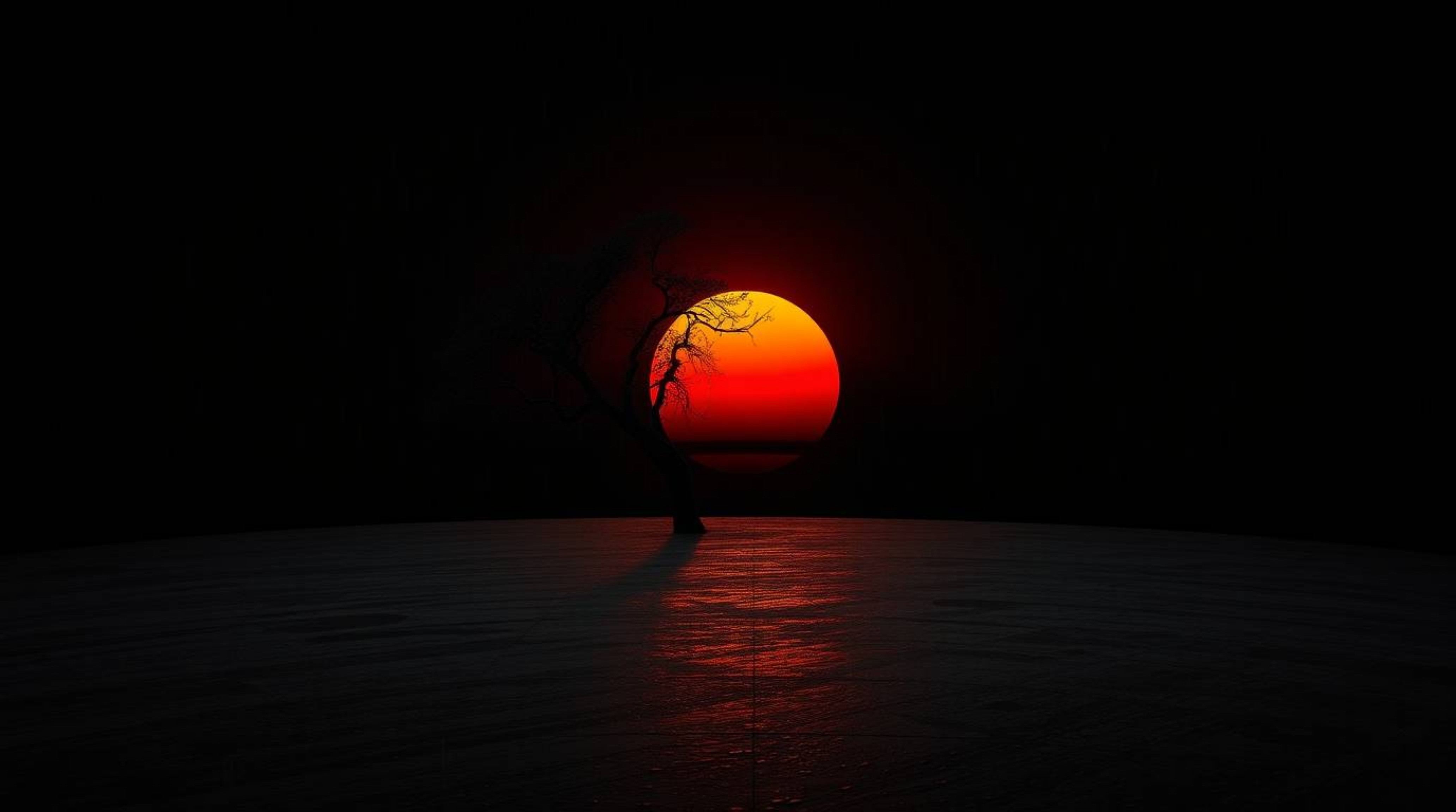 A captivating image of a lone tree silhouetted against a vibrant fiery sunset. The scene features a bronze-like surface, deep