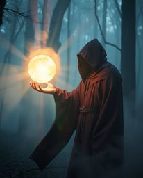 A captivating image of a cloaked figure in a misty forest, holding a vibrant, glowing orb.  The scene is rendered in an energ