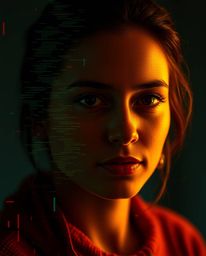 Explore stunning digital glitch art portraits featuring a corrupted data look and pixelated style, bathed in warm autumn hues