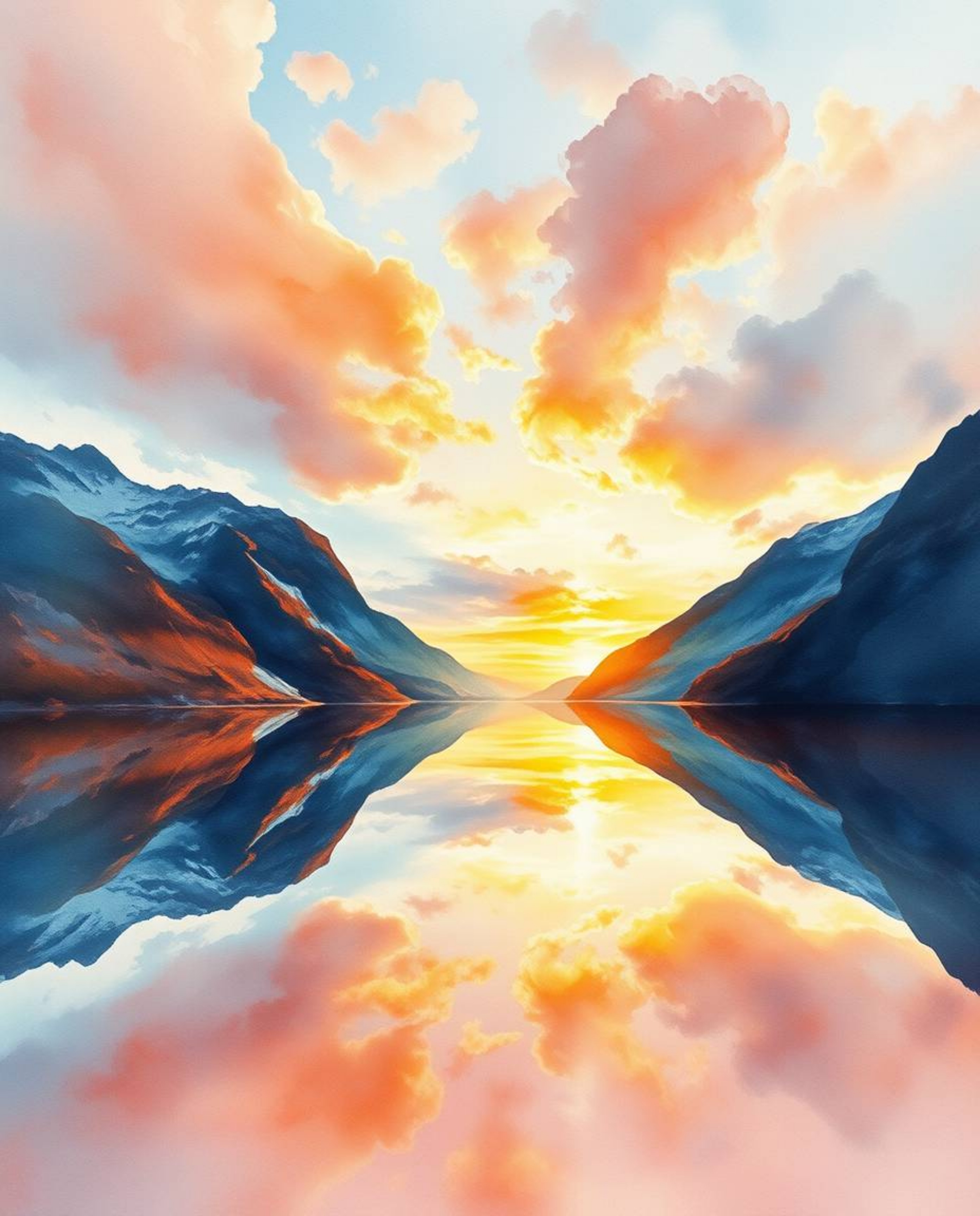 An epic, modern watercolor painting captures a glassy fjord reflecting a sunset. Characterized by translucent washes and flui