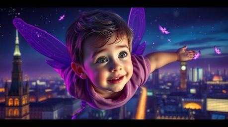 Witness the enchanting spectacle of a charming young boy soaring above London, propelled by magical pixie dust. This high-con