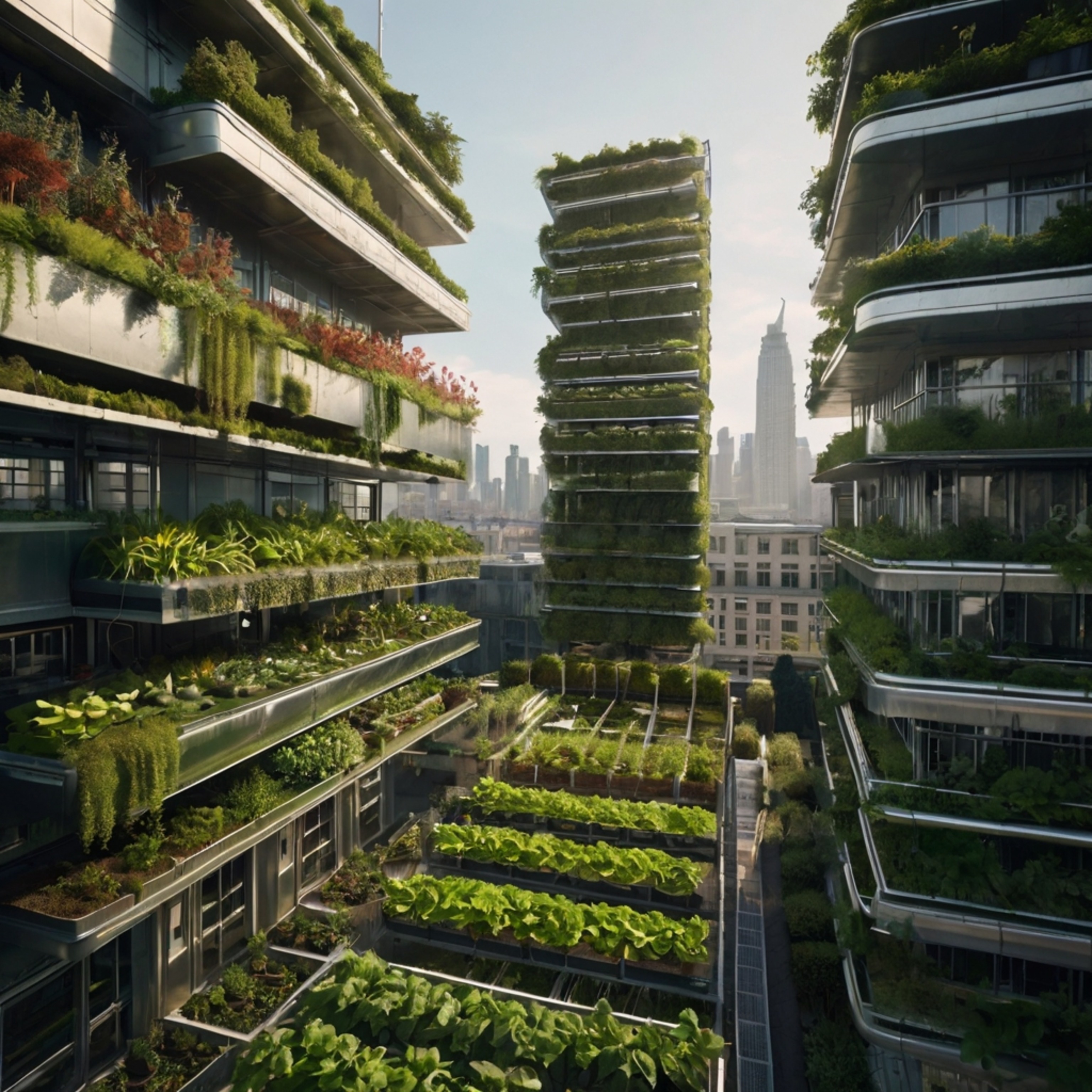 Explore a futuristic urban garden concept featuring innovative solutions like vertical farms, green rooftops, and solar-power