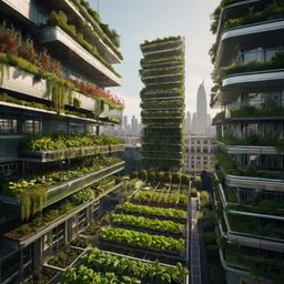 Explore a futuristic urban garden concept featuring innovative solutions like vertical farms, green rooftops, and solar-power