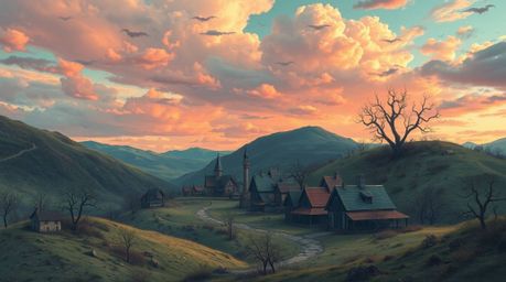 Escape to a picturesque village nestled in a vibrant valley, bathed in a colorful sunset.  While the soft pastel hues create 