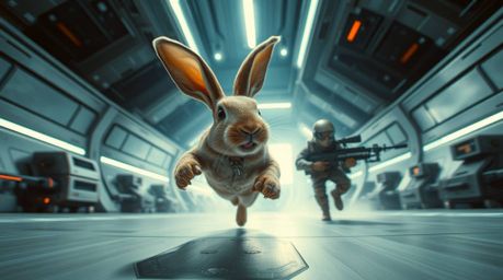 A low-angle, futuristic sci-fi image capturing a wacky rabbit with exaggerated features comically outrunning a clumsy hunter 