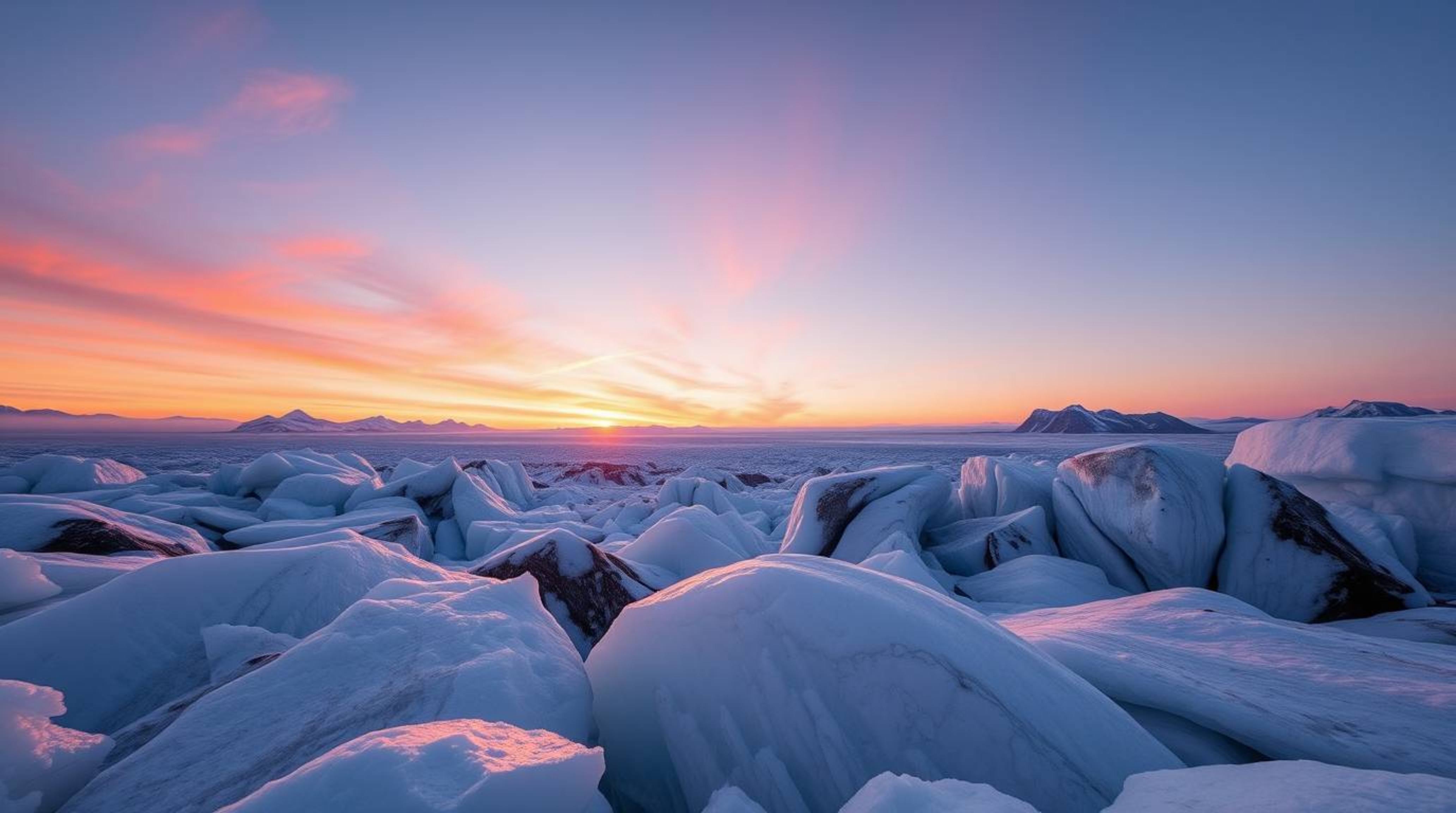This fine art photograph captures a serene sunset over icy glaciers, characterized by soft pastel colors and styled as profes
