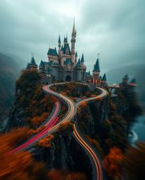 Capture the magic of a vibrant kingdom with floating islands and majestic castles in this dynamic long-exposure photograph.