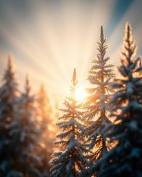 Volumetric lighting illuminates snowy pine trees sparkling in sunset light. A blurred bokeh effect softens the background, fo