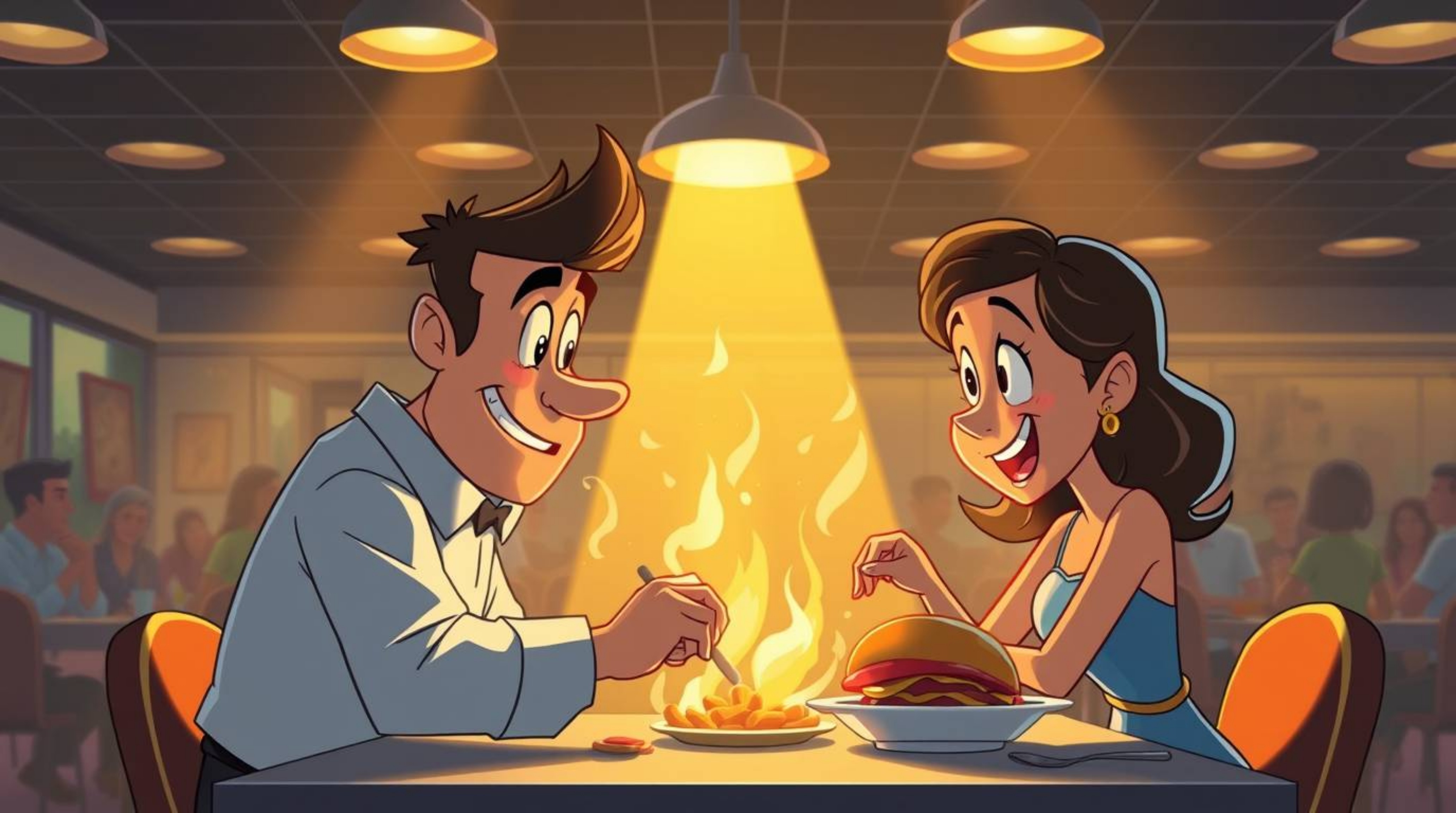 Experience a visually stunning and chaotic scene with a graceful yet wild cartoon cafeteria food fight. The image boasts refi