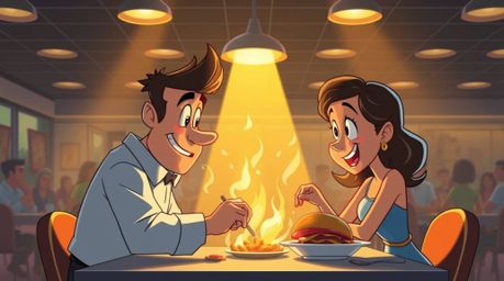 Experience a visually stunning and chaotic scene with a graceful yet wild cartoon cafeteria food fight. The image boasts refi