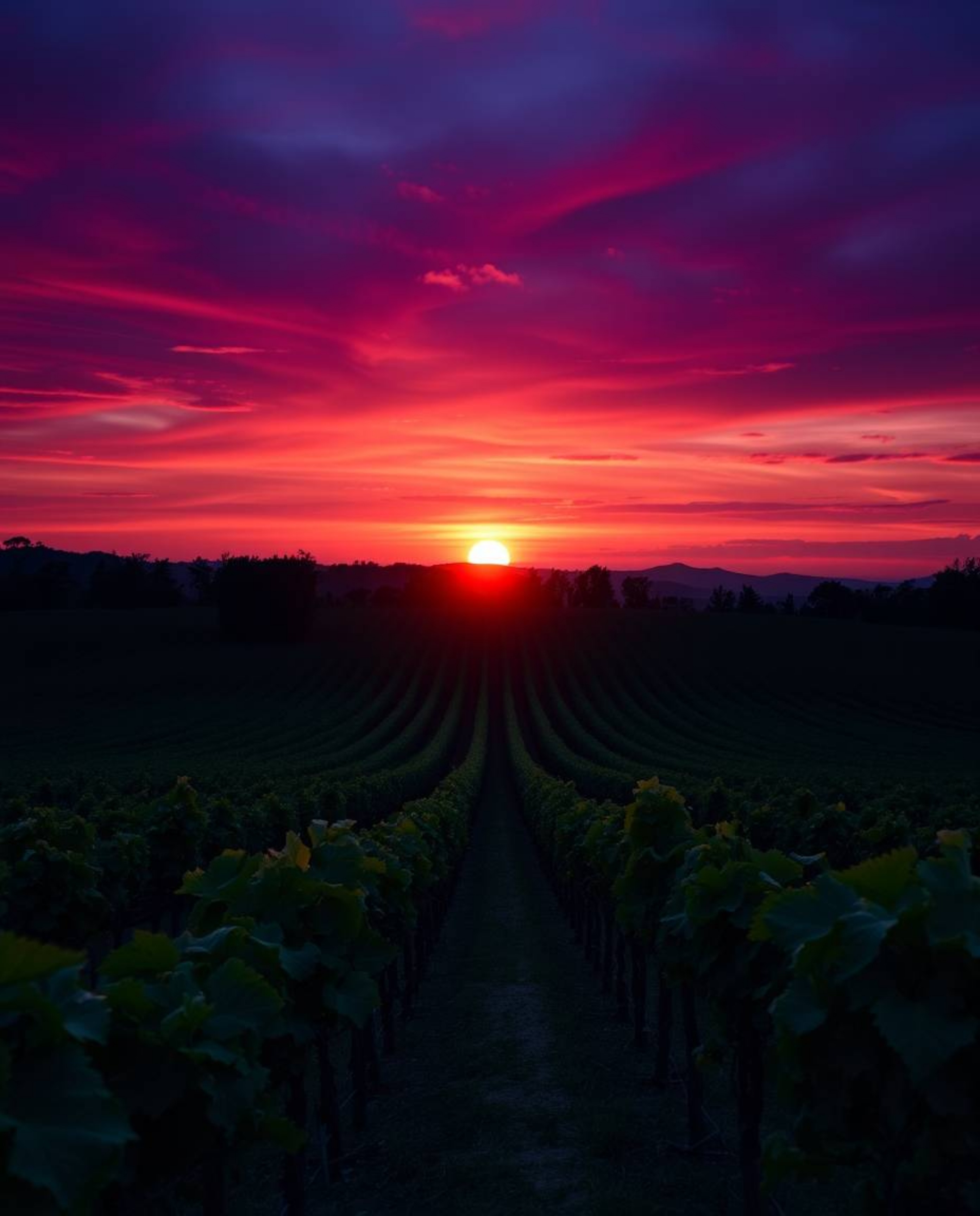 This fine art photograph captures a luxurious and vibrant sunset over a vineyard, distinguished by its rich, deep teal sky. T