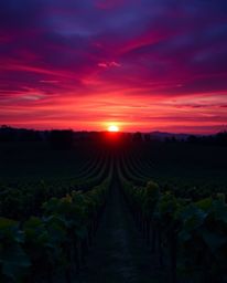 This fine art photograph captures a luxurious and vibrant sunset over a vineyard, distinguished by its rich, deep teal sky. T