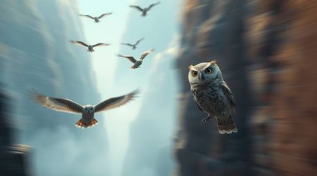 A captivating long-exposure photograph evokes an ethereal and spiritual atmosphere, depicting a blind, wise owl in the distin