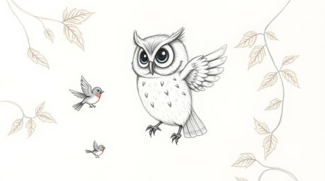 A heartwarming hand-drawn sketch reminiscent of Pixar's style portrays a blind owl with delicate, feathery textures. Despite 