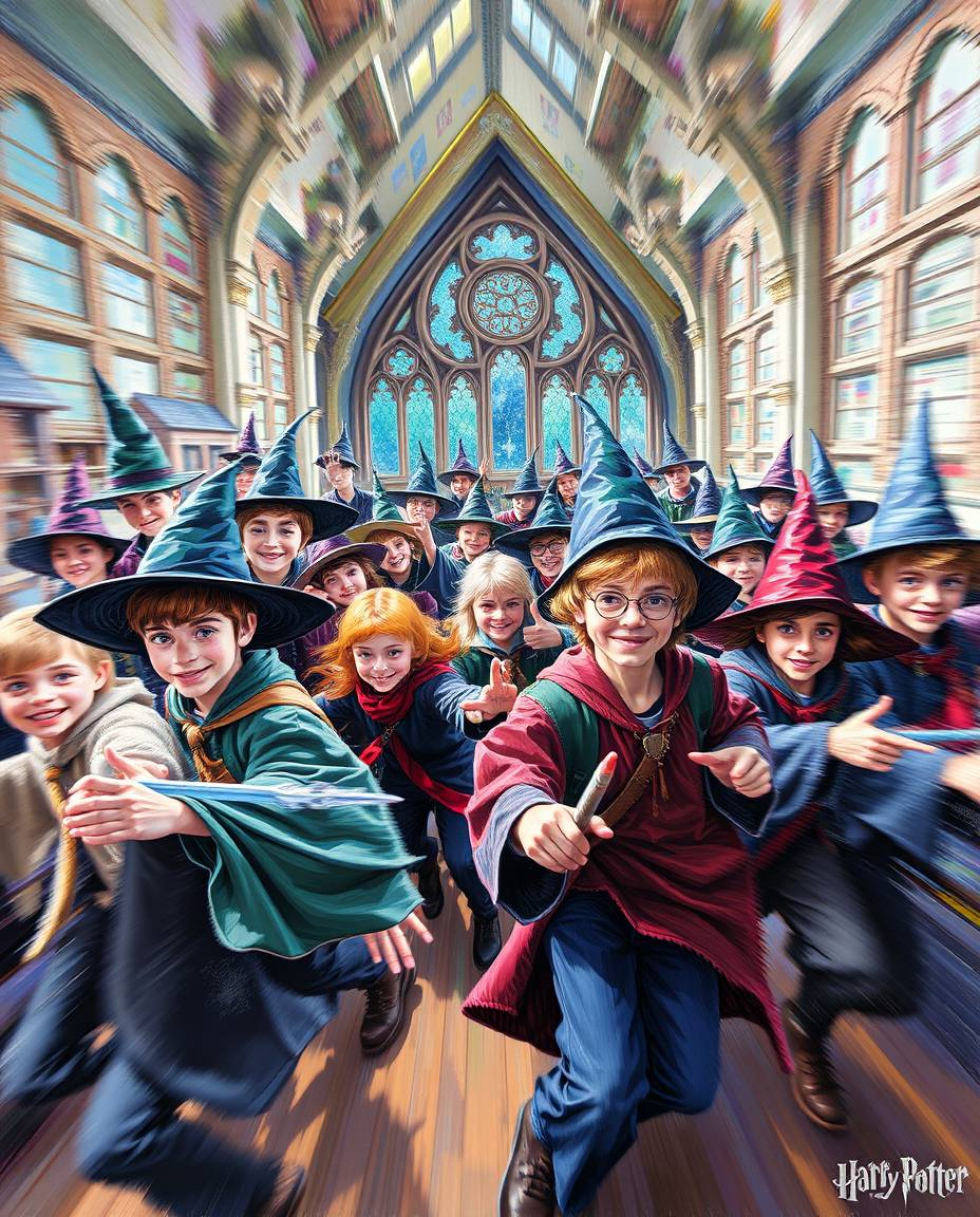 Experience the energy of a magical school through this dynamic acrylic painting. Featuring young wizards in motion, blurred l