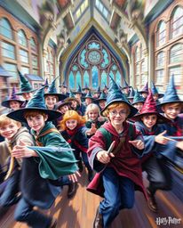Experience the energy of a magical school through this dynamic acrylic painting. Featuring young wizards in motion, blurred l