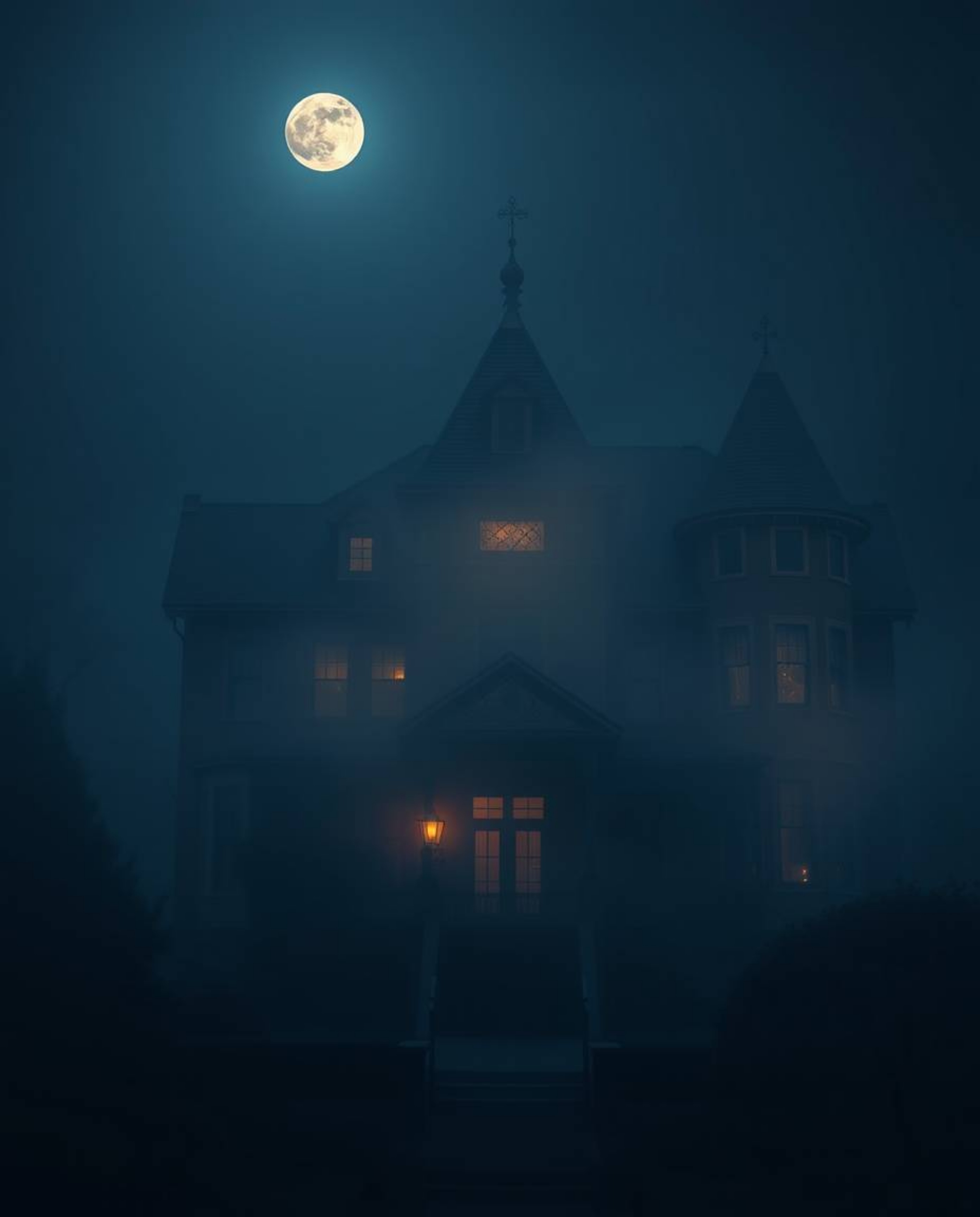 A fine art photograph capturing a fog-covered Victorian mansion bathed in moonlight, rendered in rich burgundy and deep blue 