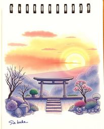 A hand-drawn color sketchnote depicting a sunset over a serene Zen garden, featuring a soft cinematic haze, light aura, mysti