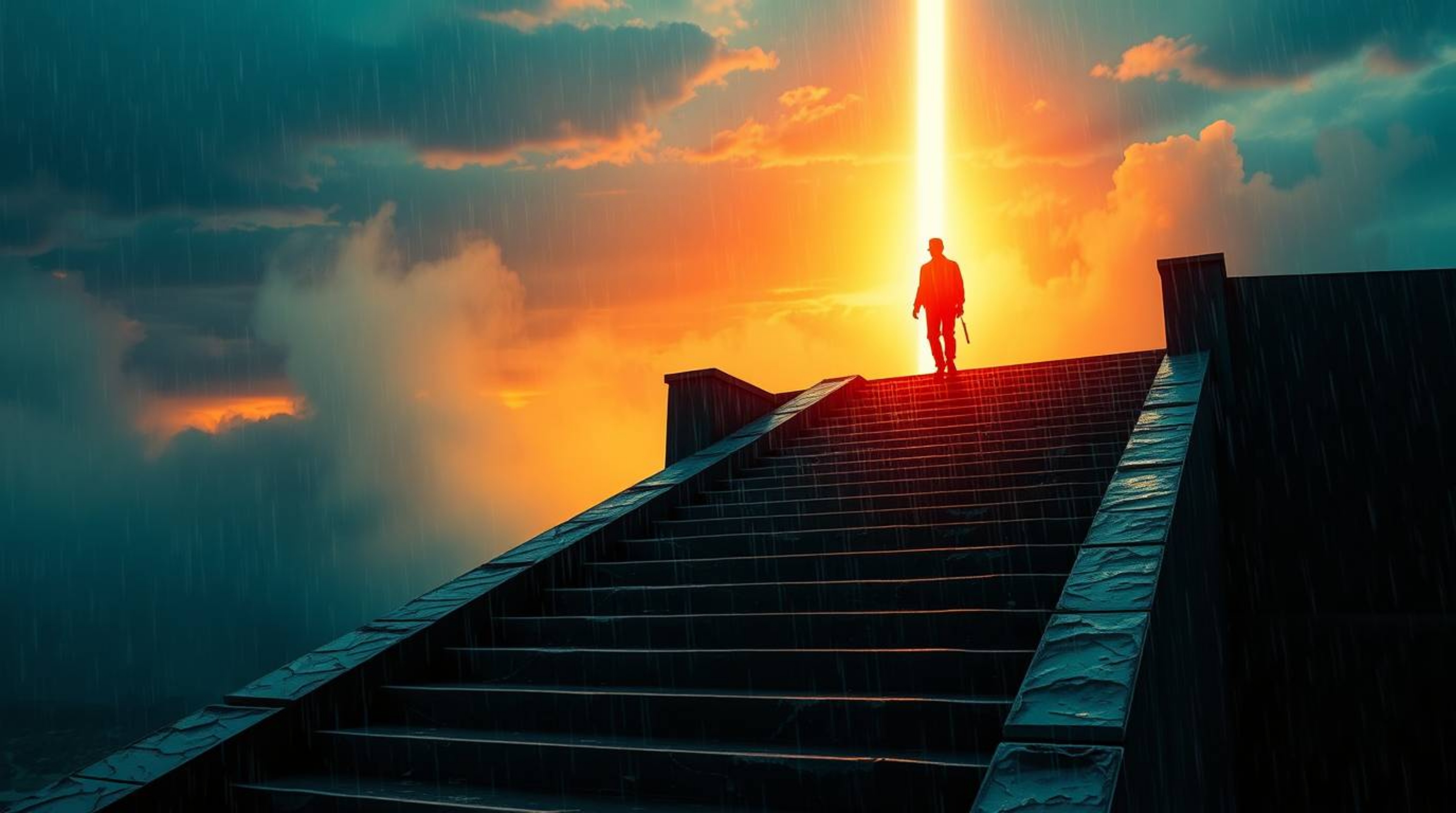 A lone figure ascends a stone staircase towards a radiant beam of divine light, enveloped in thick smoke and a breathtaking s