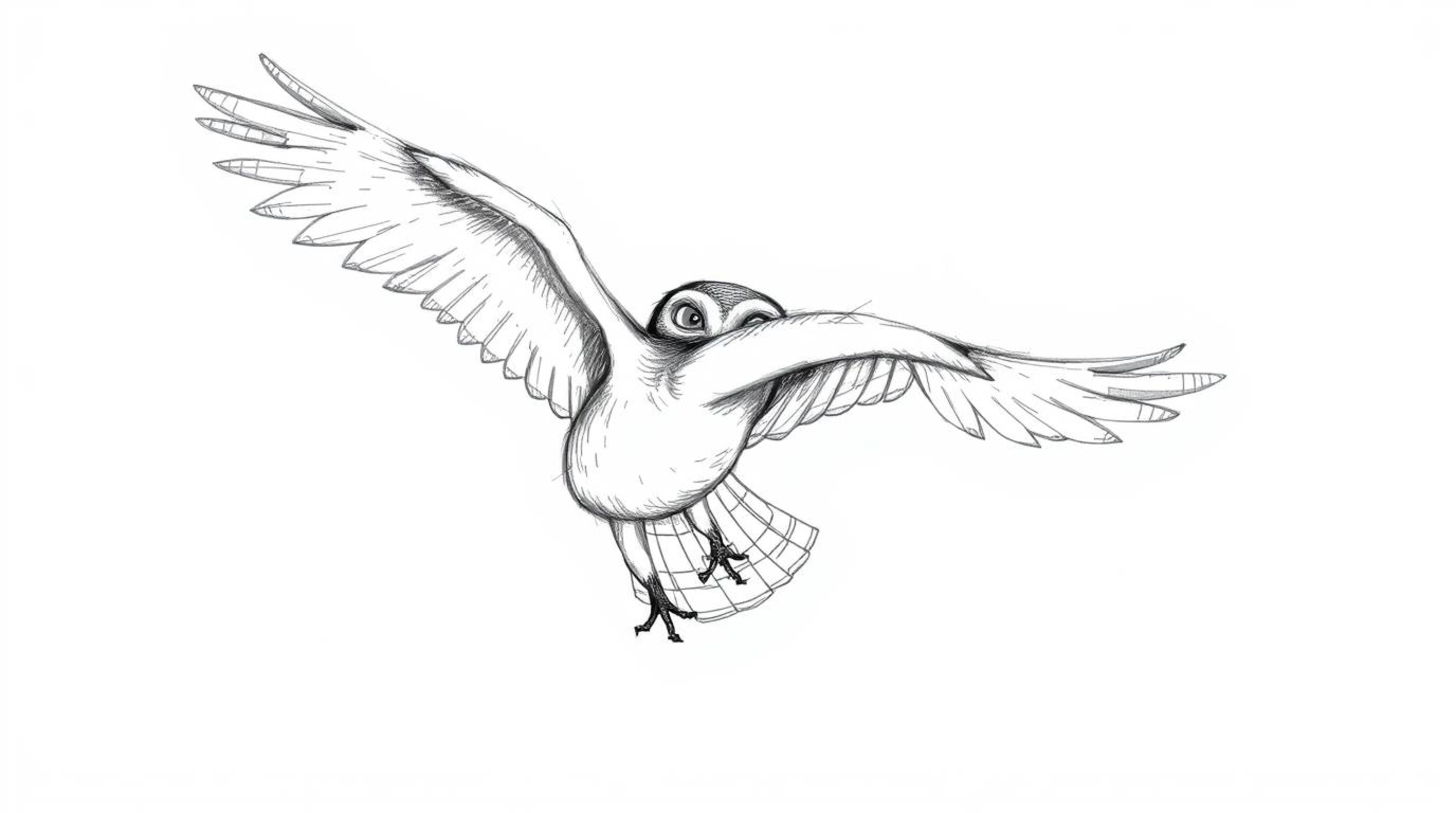 A heartwarming hand-drawn sketch reminiscent of Pixar animation, featuring a blind owl in mid-flight, generously sharing its 