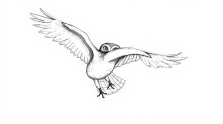 A heartwarming hand-drawn sketch reminiscent of Pixar animation, featuring a blind owl in mid-flight, generously sharing its 