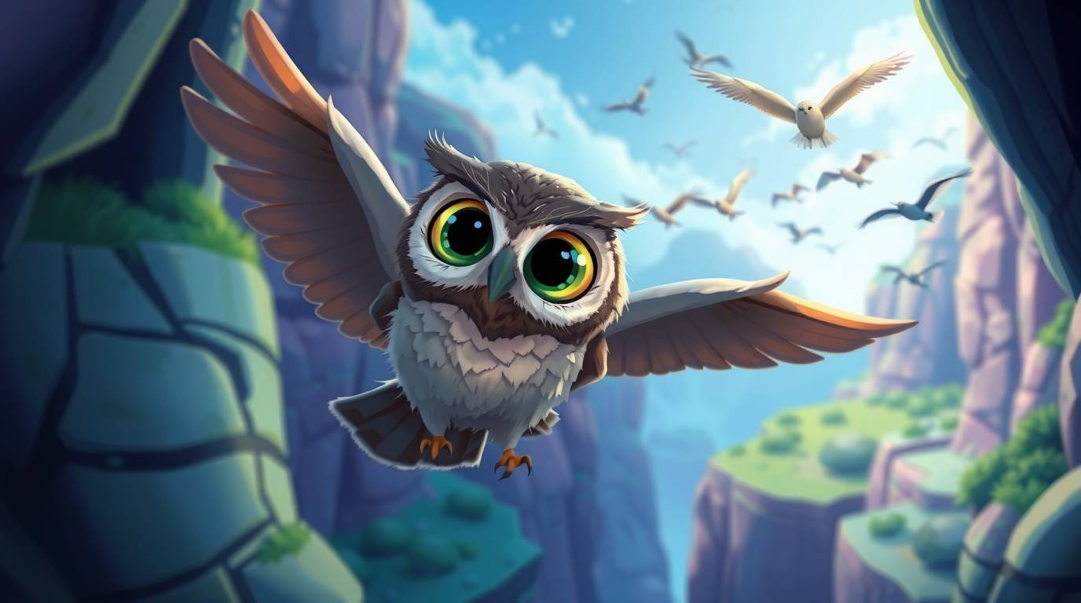 This stunning Pixar-style illustration features a blind owl with large expressive eyes and soft plumage as it guides a flock 