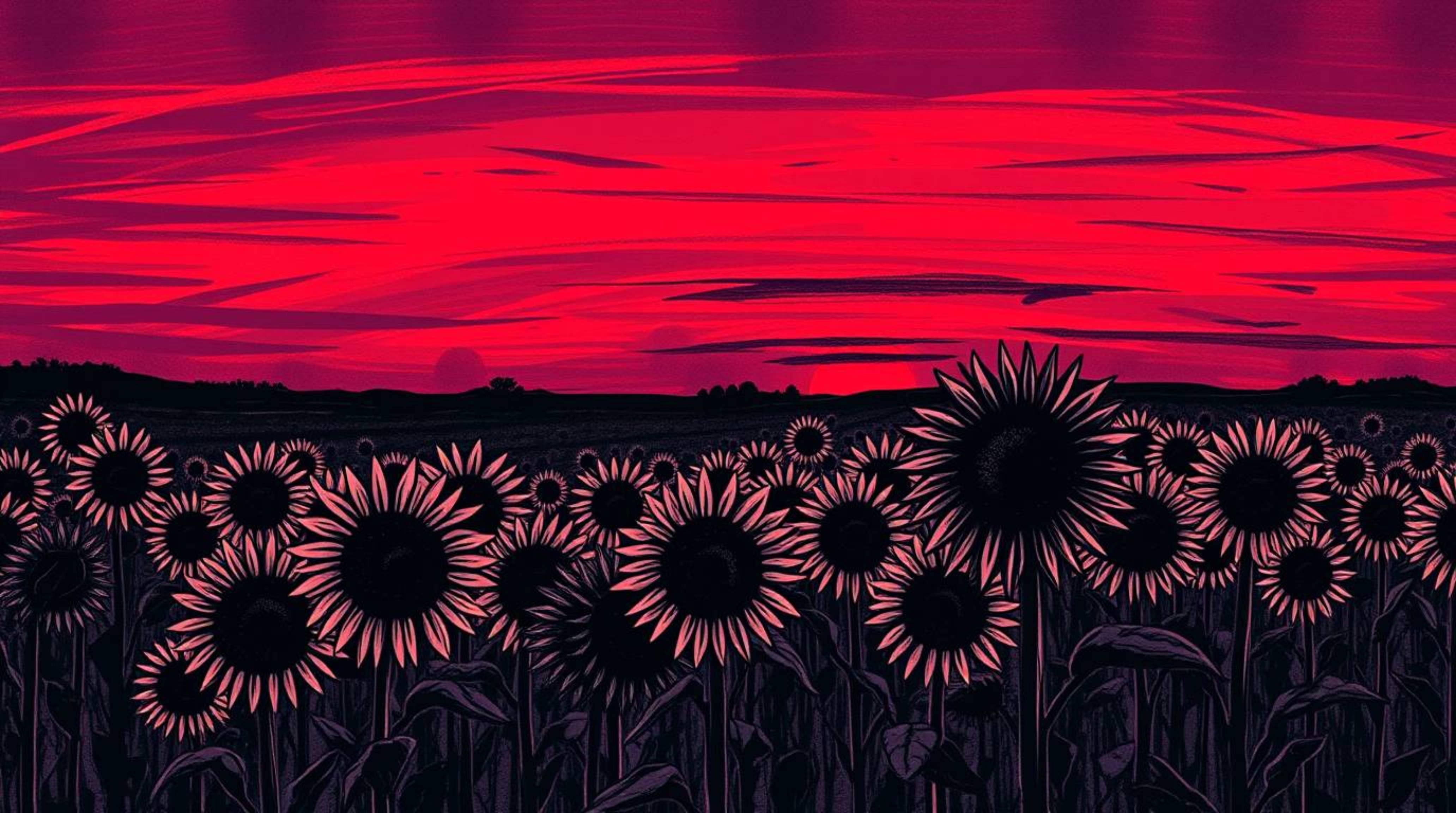 A captivating hand-drawn sketch showcases a vibrant sunflower field bathed in the intense hues of a deep red and purple sunse