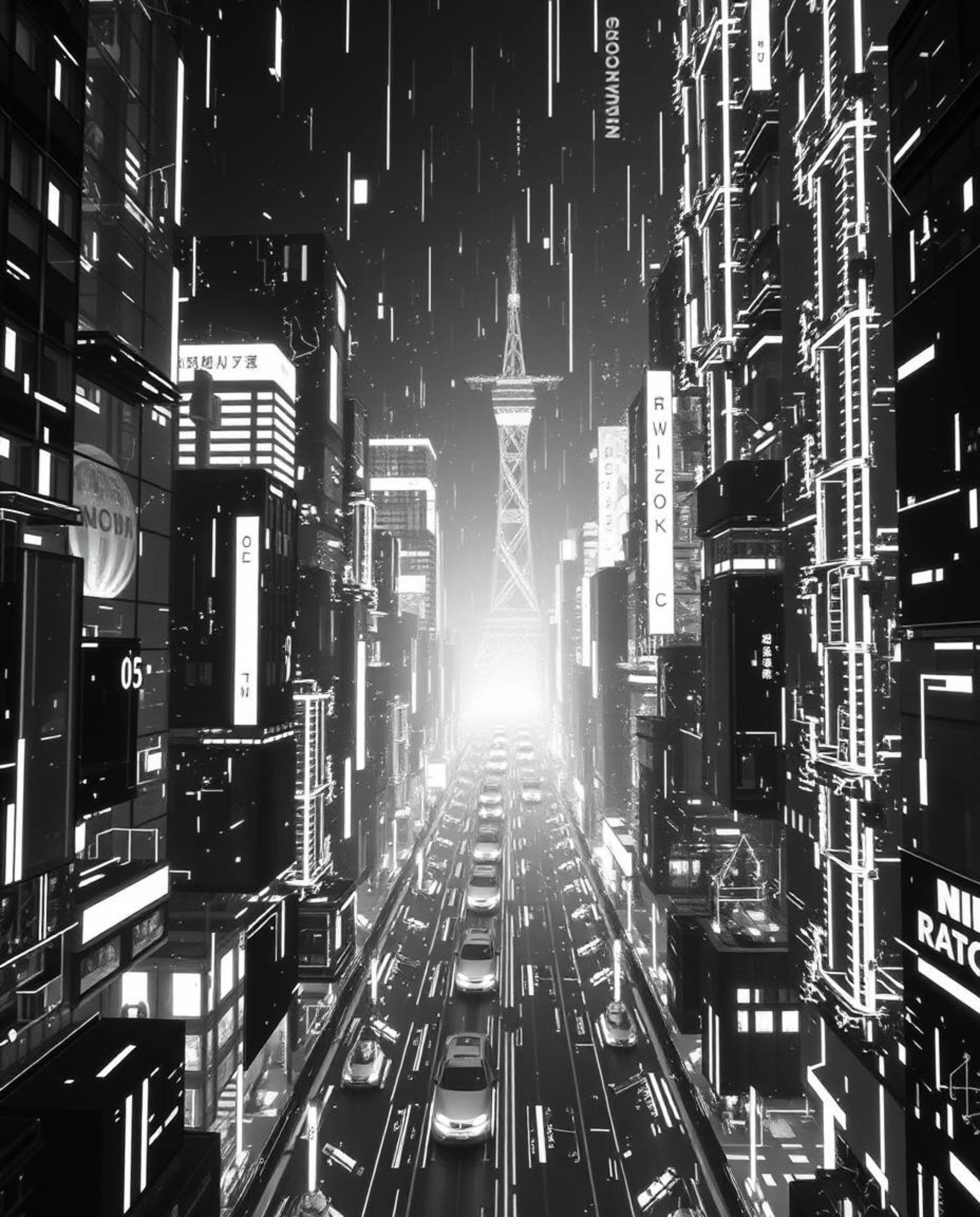 A captivating piece of creative light art showcases a futuristic city in glitch mode.  Rendered in classic black and white, f