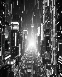 A captivating piece of creative light art showcases a futuristic city in glitch mode.  Rendered in classic black and white, f