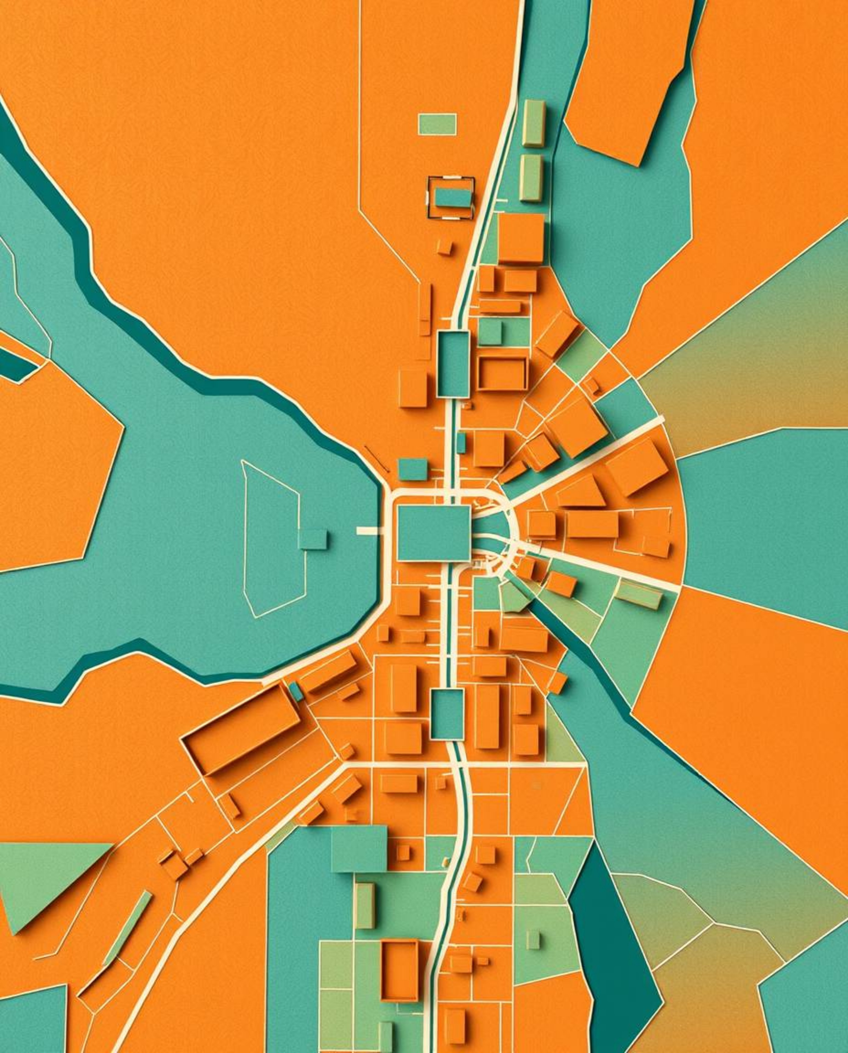 Discover a stunning abstract city map featuring a captivating contrast of warm terracotta and cool teal geometric shapes.  Th