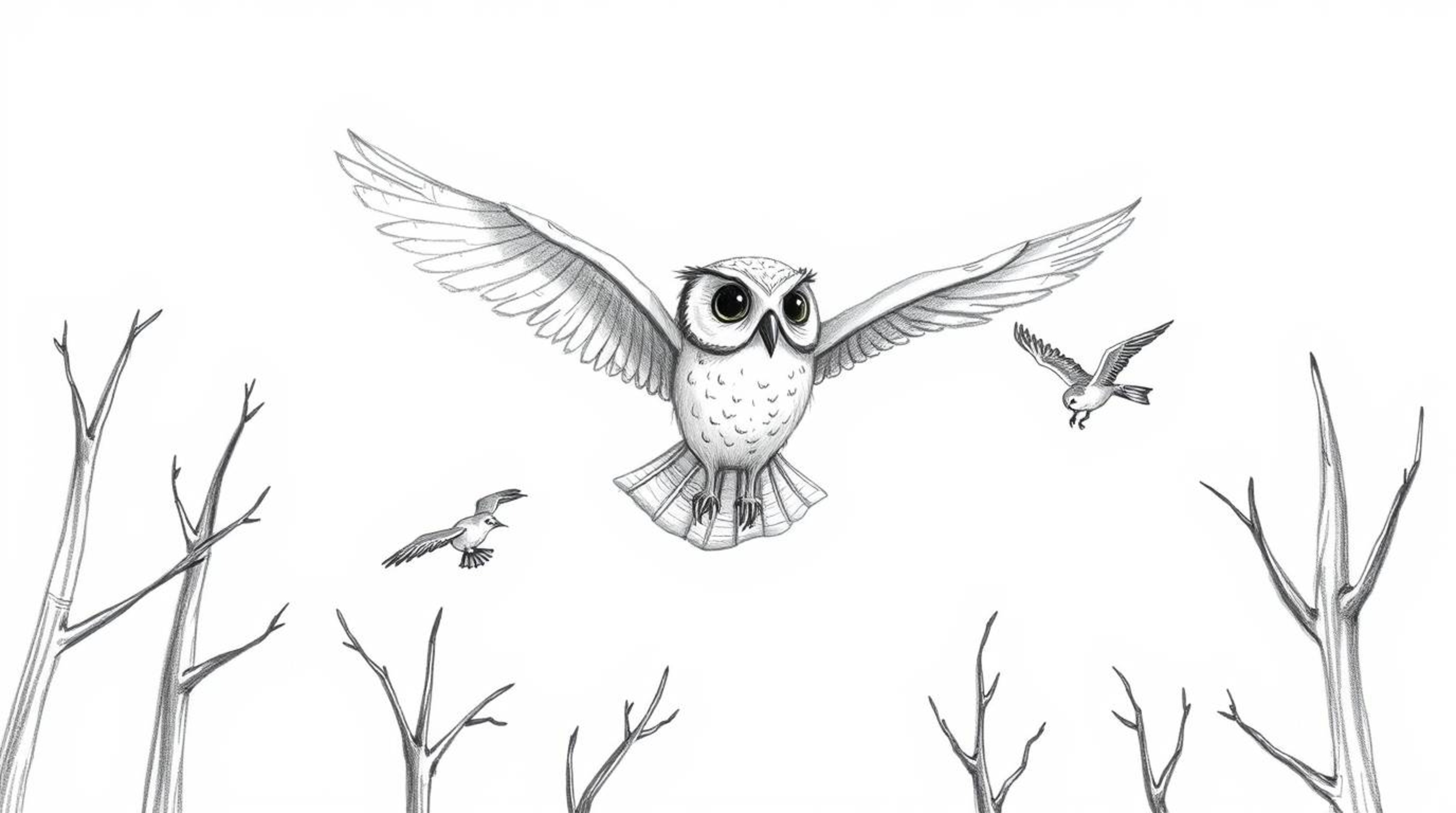 A charming hand-drawn sketch in textured pencil depicts a blind owl, Pixar-style, teaching small birds to fly.  The owl grace