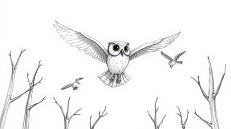 A charming hand-drawn sketch in textured pencil depicts a blind owl, Pixar-style, teaching small birds to fly.  The owl grace