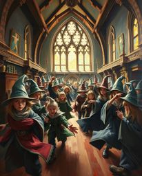 Explore a captivating magical school teeming with young wizards, brought to life in a classic oil painting style. This dynami