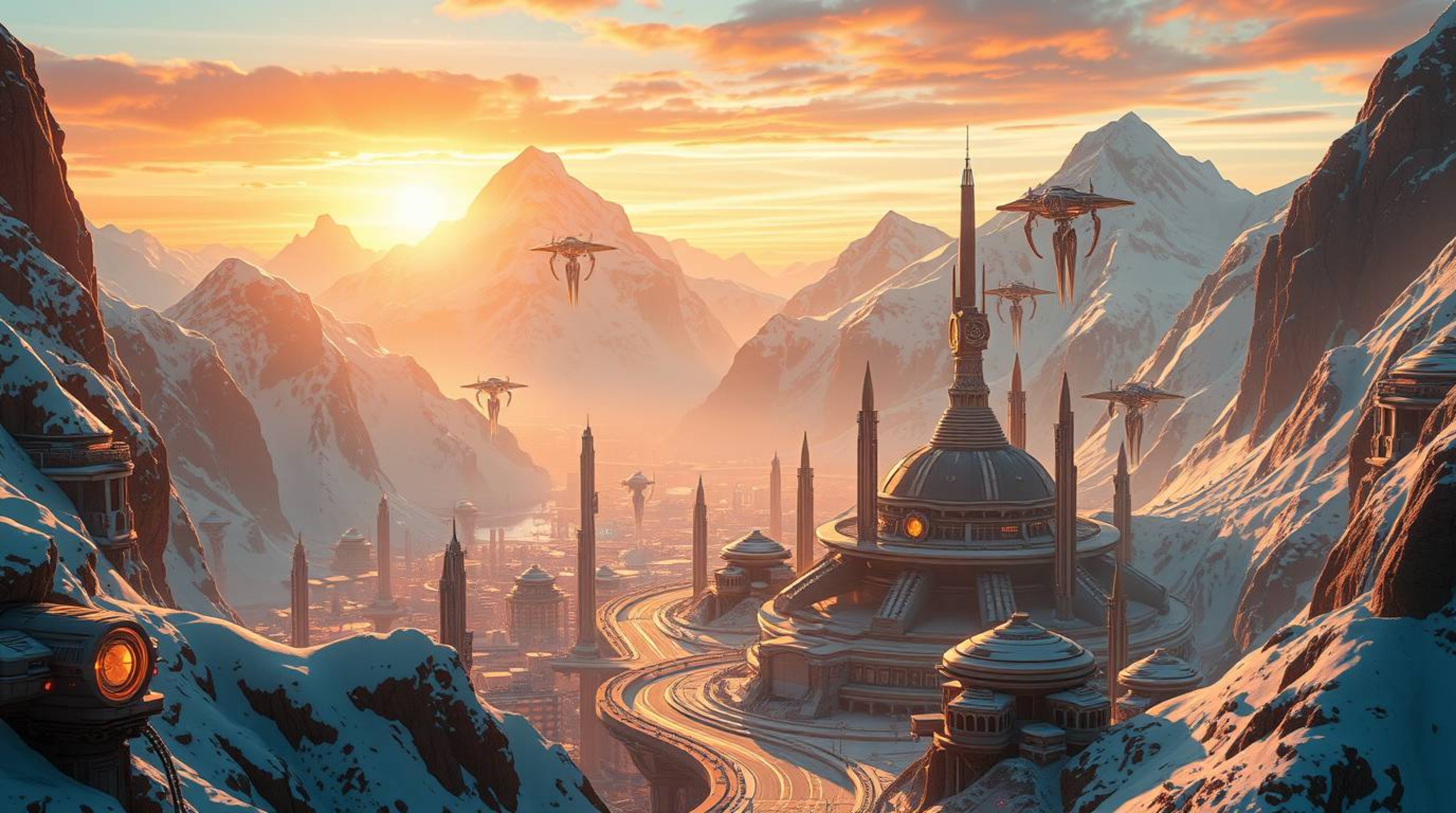A breathtaking scene of a futuristic sci-fi cityscape nestled amidst snow-capped mountains, bathed in the warm glow of a gold