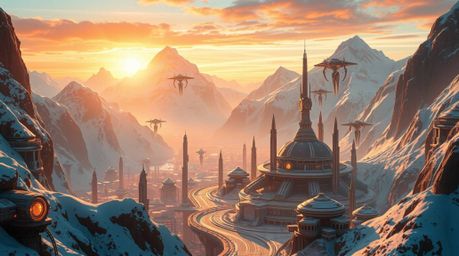 A breathtaking scene of a futuristic sci-fi cityscape nestled amidst snow-capped mountains, bathed in the warm glow of a gold