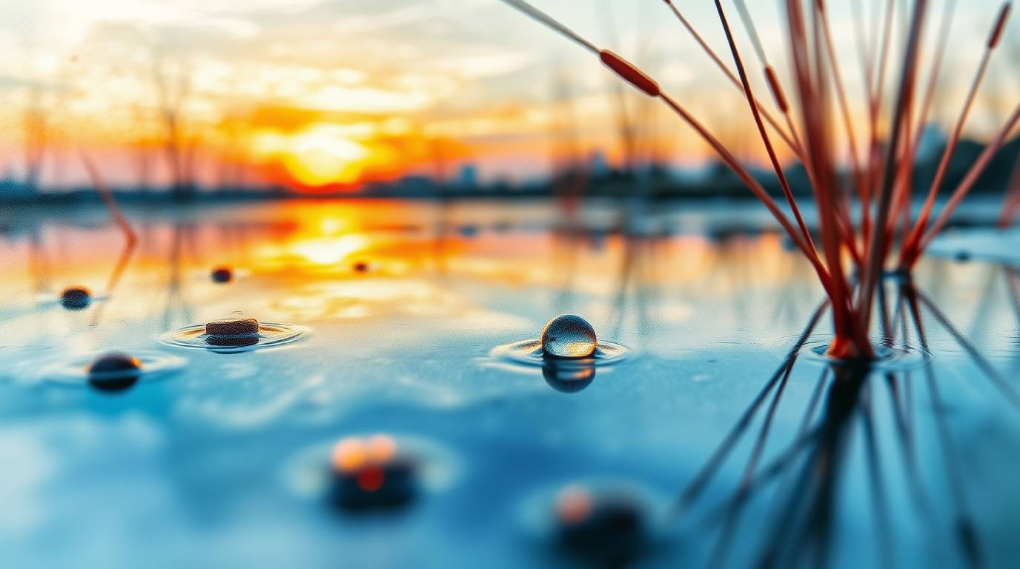 A stunning extreme macro close-up of a delicate watercolor painting depicting a colorful sunset reflected in a tranquil pond.