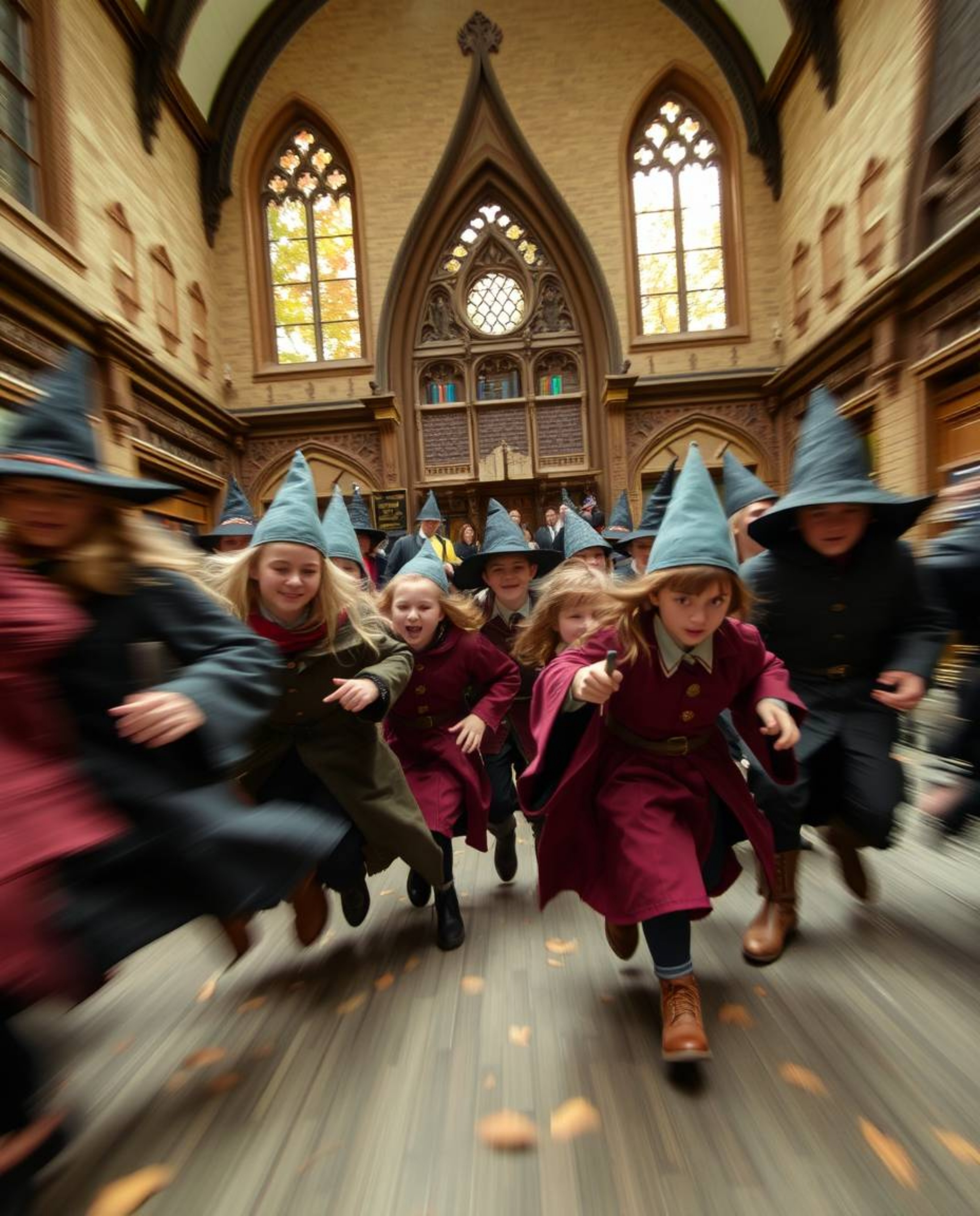 Explore a magical school teeming with young wizards captured in dynamic motion with blurred lines and action poses. Warm autu