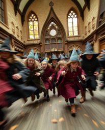 Explore a magical school teeming with young wizards captured in dynamic motion with blurred lines and action poses. Warm autu