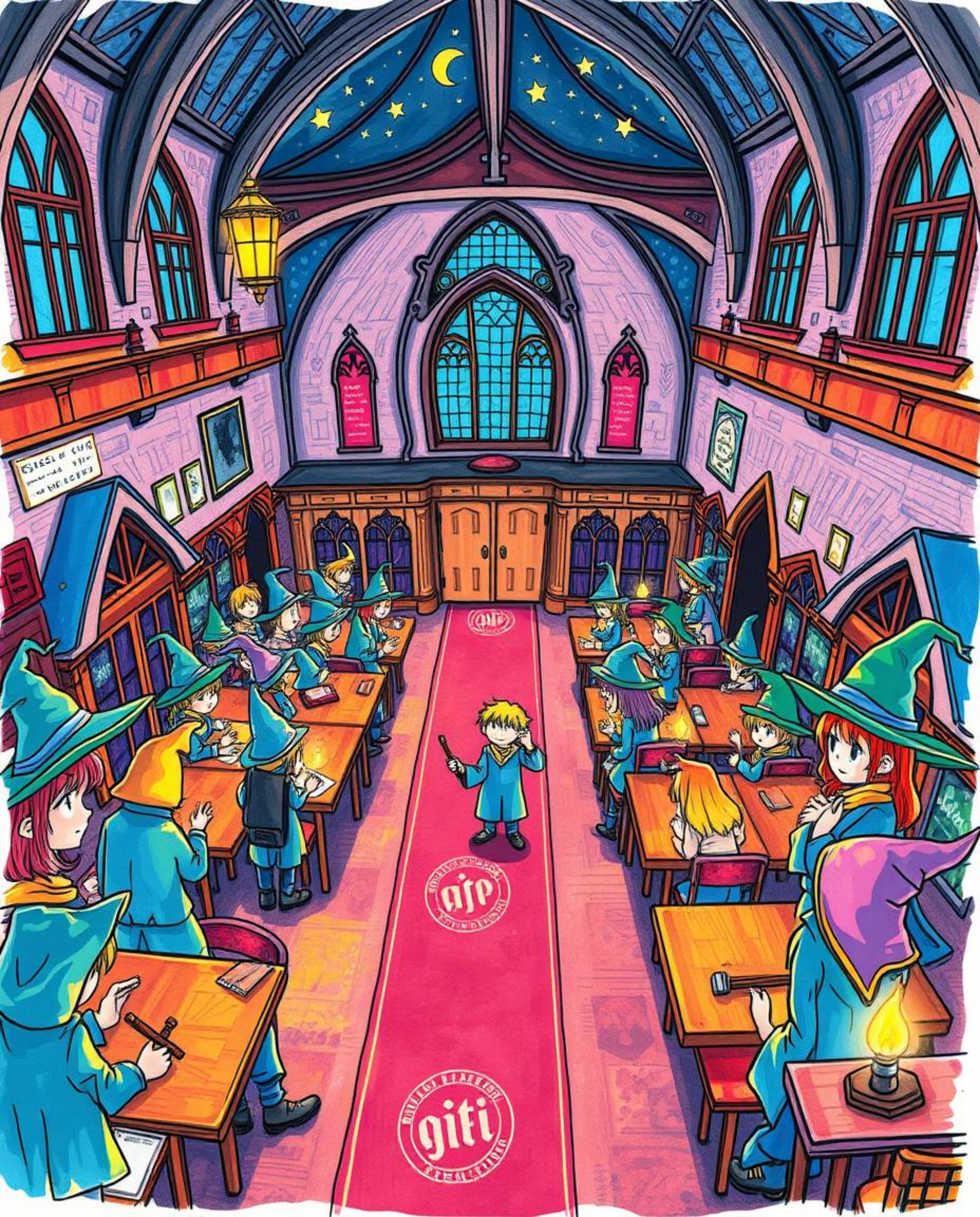 Explore a vibrant and enchanting magical school filled with young wizards, captured from a breathtaking high-angle perspectiv