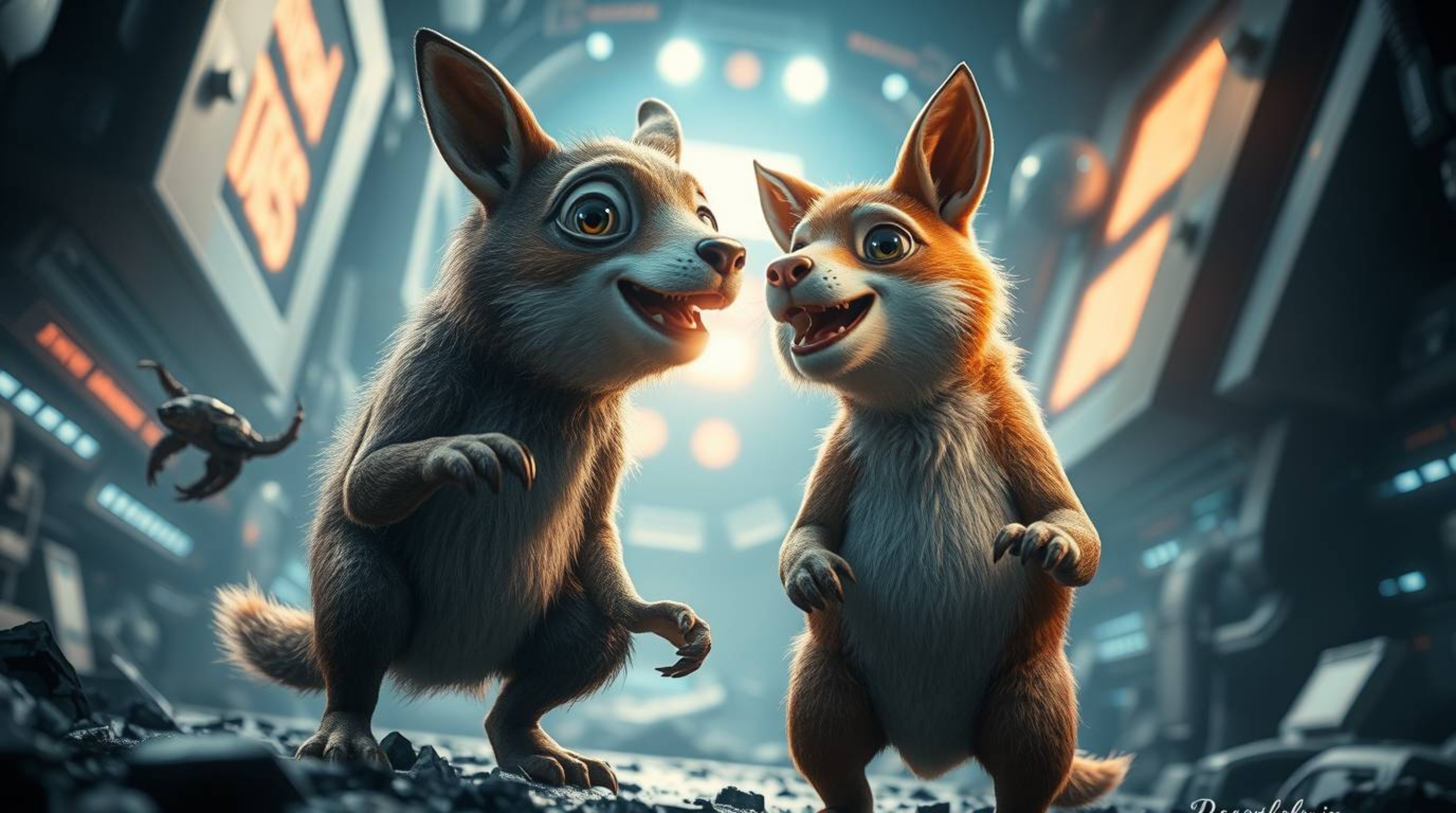 A captivating modern photograph showcases two talking animals engaging in mischievous antics within a futuristic setting.  Th
