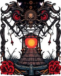 A symbolic traditional tattoo art print depicts an old wooden bridge over a river at sunset, creating an eerie and creepy atm