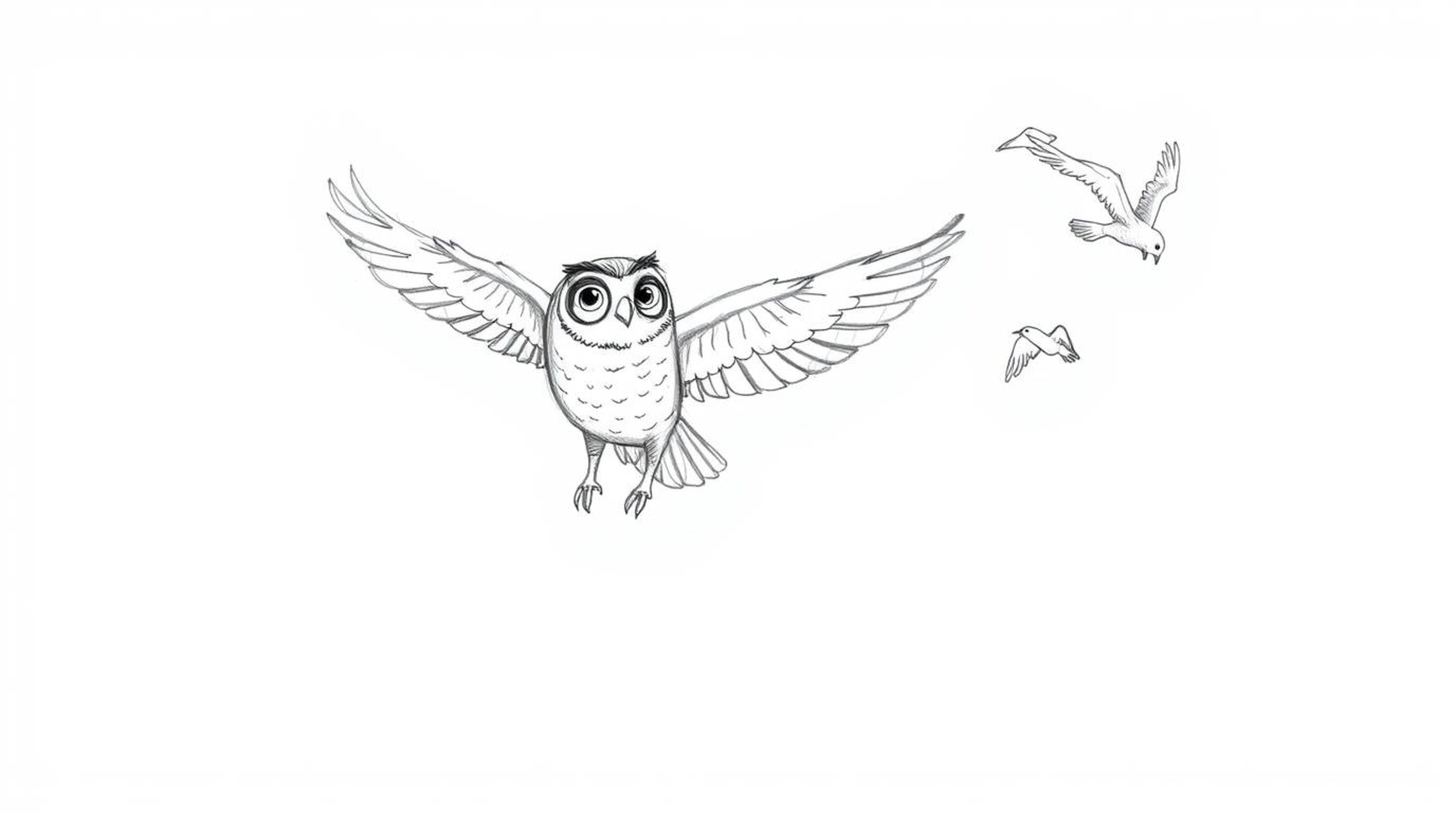 A captivating hand-drawn sketch in the style of Pixar depicts a heartwarming scene: a blind owl, seemingly suspended in mid-a