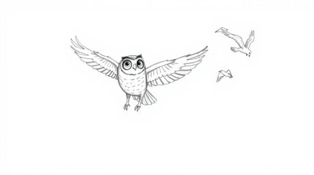 A captivating hand-drawn sketch in the style of Pixar depicts a heartwarming scene: a blind owl, seemingly suspended in mid-a