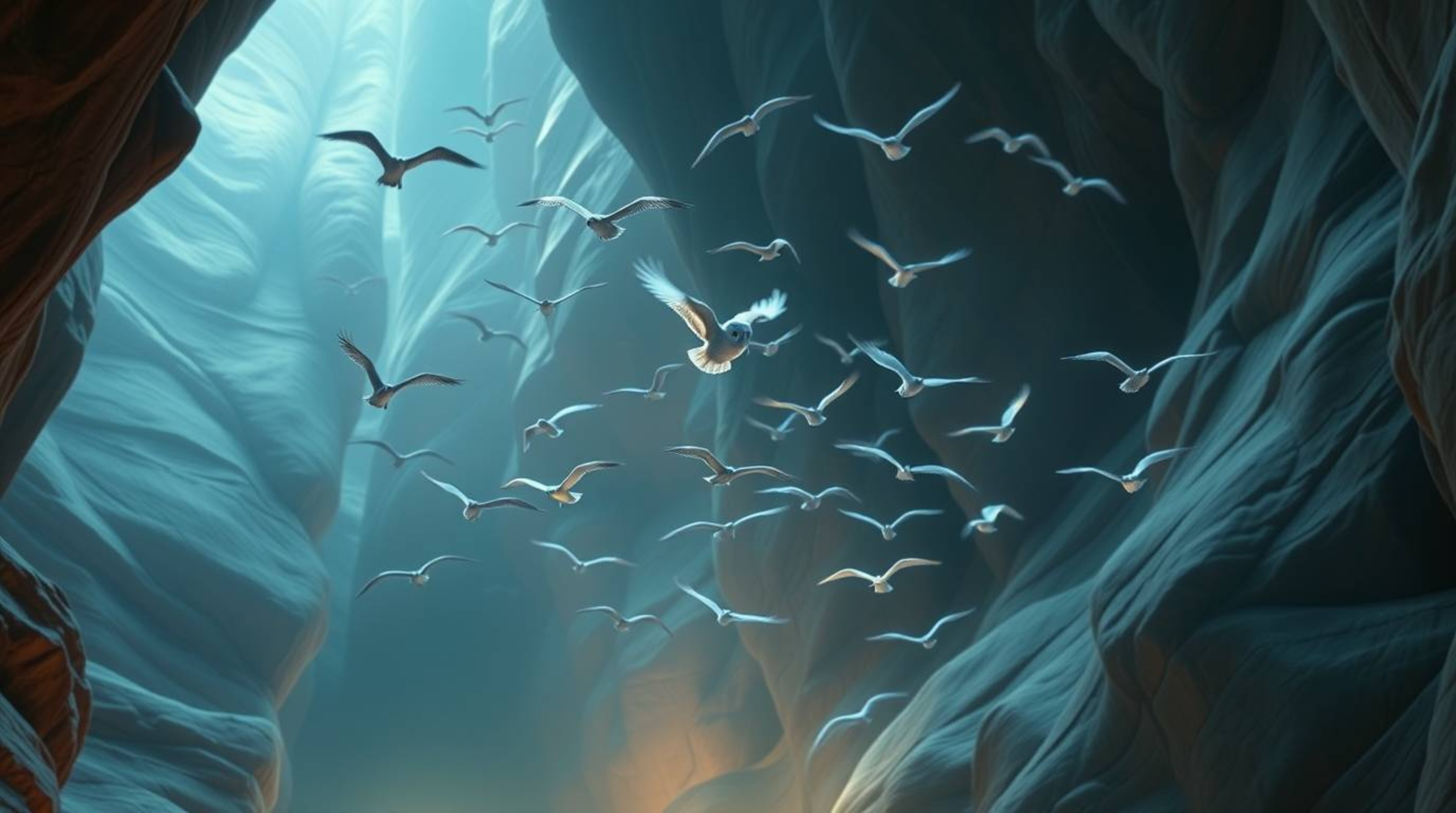 A stunning long exposure photograph in Pixar style depicts a blind owl teaching a flock of birds how to fly within a breathta