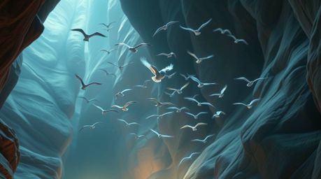A stunning long exposure photograph in Pixar style depicts a blind owl teaching a flock of birds how to fly within a breathta