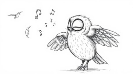 A charming hand-drawn sketch in Pixar style depicts a blind owl with soft, detailed feathers instructing birds on how to fly.