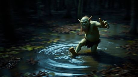 A captivating long-exposure photograph depicts an ogre dancing with unbridled energy in a vibrant swamp. The image showcases 