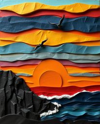 A vibrant representation of a sunset over a coastal cliff with soaring birds, rendered in a layered papier-mâché style. The s